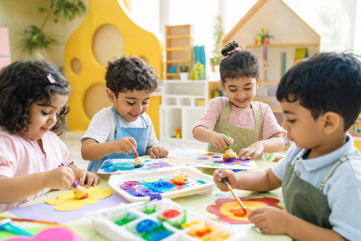 أطفال يشاركون في ورشة فنون