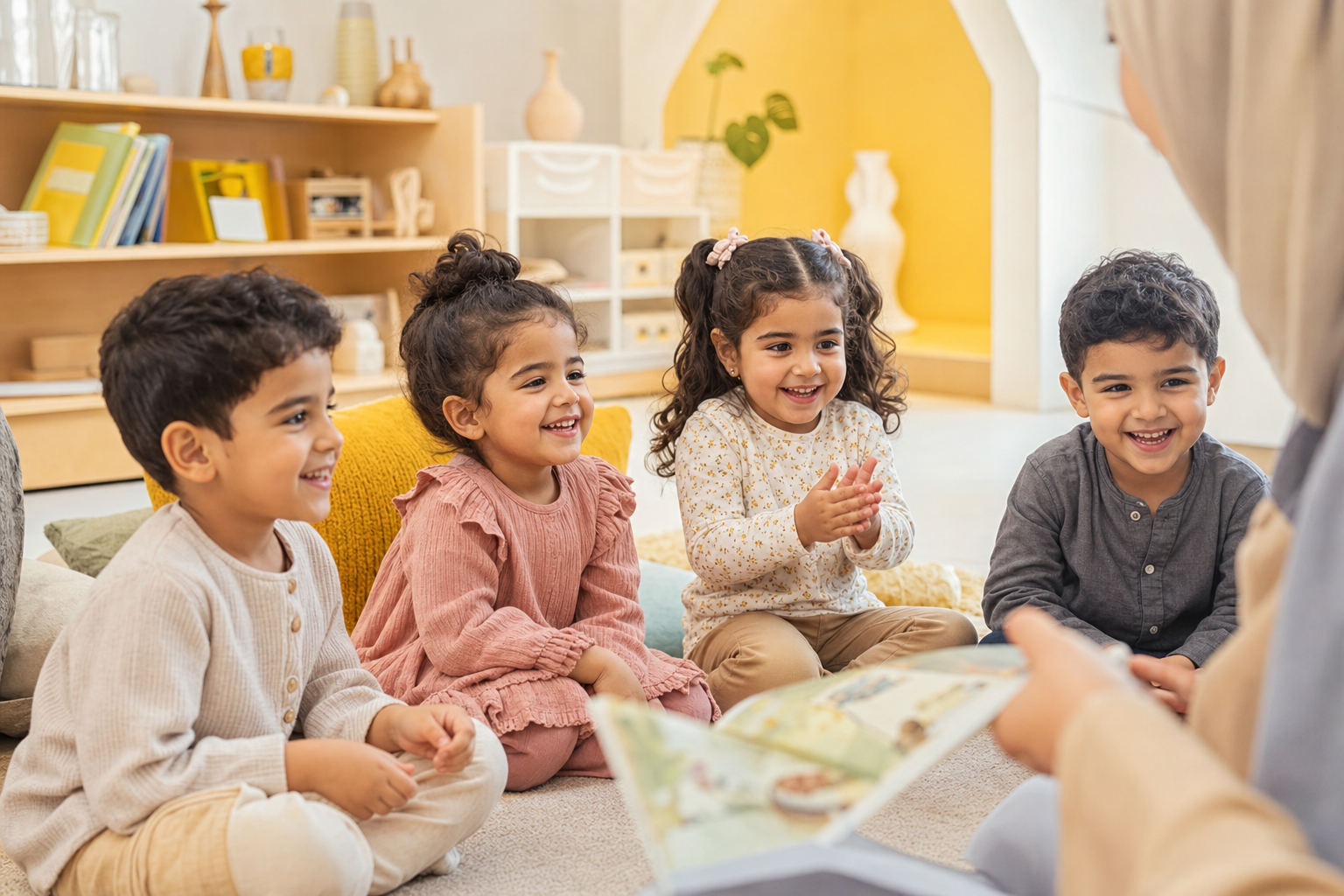 أطفال يستمعون إلى قصة في الحضانة